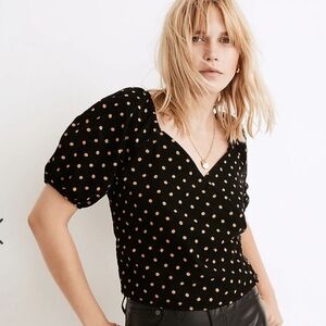 MADEWELL black Corduroy Puff-SleeveWrap Top in Oval Dot size XS